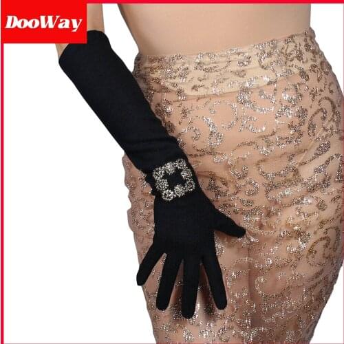 DooWay Women Elegant Long Merino Wool Gloves with Bling Crystal Rhinestone Evening Dress Warm Gloves