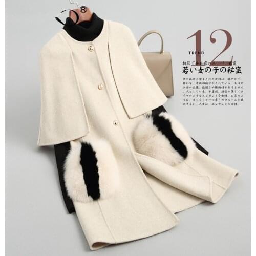 Winter Coat Women Double Side Wool Coat Female Jacket Sleeveless Long Coats with Fox Fur Pocket Abrigo Mujer MY