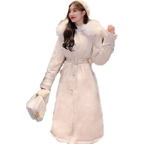 Womens Cotton Coat 2021 Winter New Style Belt Slim Fashion Rhinestone Button Hooded Collar Temperament Black Parka Jacket N1216