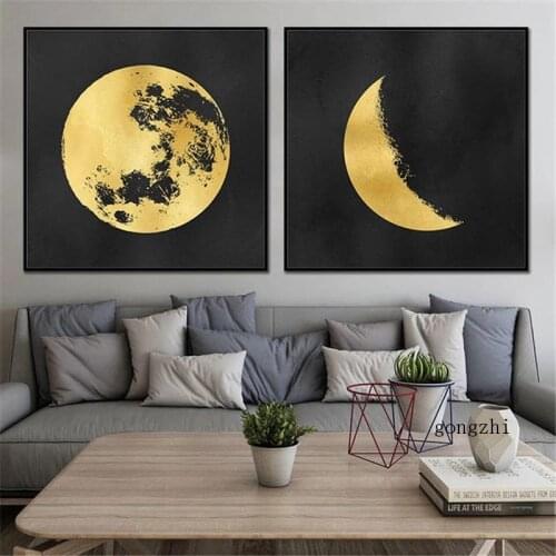 Golden Moon Earth Abstract Geometric Nordic Posters Square Canvas Painting and Prints Wall Art Picture Modern Luxury Home Decor