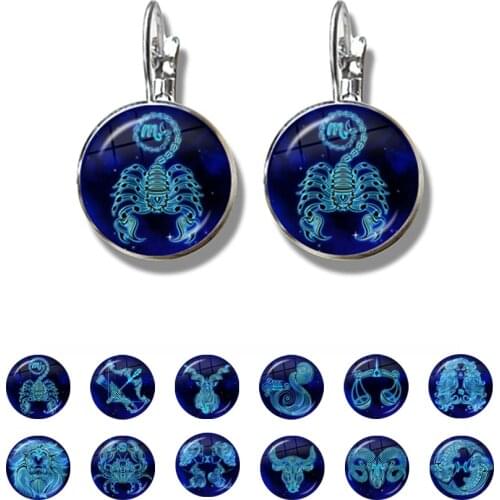 12 Constellation Earrings Simple Style Glass Dome Jewelry Zodiac Sign Ear Stud Earring for Women Daughter Girl Birthday Gifts