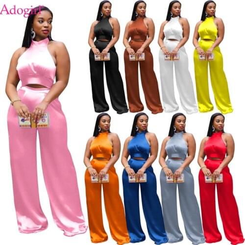 Adogirl Women Solid Faux Silk Two Piece Set Lace Up Halter Backless Crop Top Wide Leg Pants Fashion Casual Business Work Suit