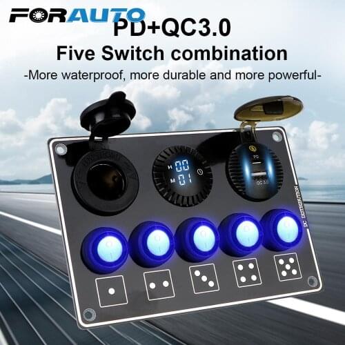 Car Switch Panel Car Accessories For RV Car Marine PD USB Waterproof 12/24V 5 Gang LED Voltage Display