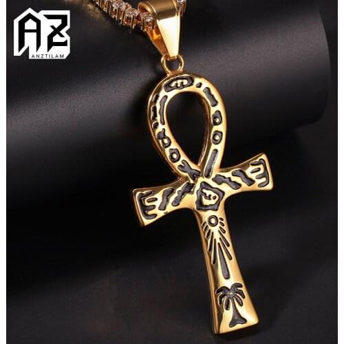 AZ Hip Hop Gold Color Anka Egypt Key of Life Stainless Steel Cross Pendants With Long Chain For Women Mens Necklace Jewelry