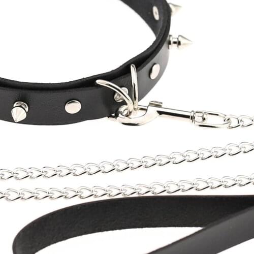 BDSM Bondage Necklace For Womens Man PU Leather Punk Gothic Wind Sexy Rivet Alternative Slave Collar Traction Rope Sex Products