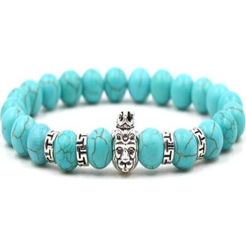 8MM Turquoise Gemstone Mala Bracelet 7.5 inches Pray Chakas Tibet Silver Handmade Cuff Bless Wrist Stretchy Meditation Reiki