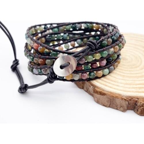 Five Leather Wrap Bracelet for Women Fancy Stone Handmade Multilayer Mala Beads Leather Jewelry Womans Fashion Natural Agate