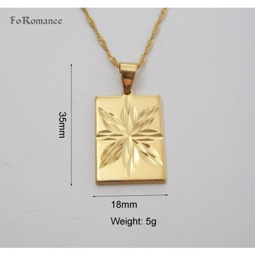 YELLOW GOLD GP 45CM WATER WAVE CHAIN & RECTANGLE SHAPED PENDANT SHINING FLOWER SHAPE CARVED PLAIN BACKSIDE WIDTH 18MM 0.71INCH