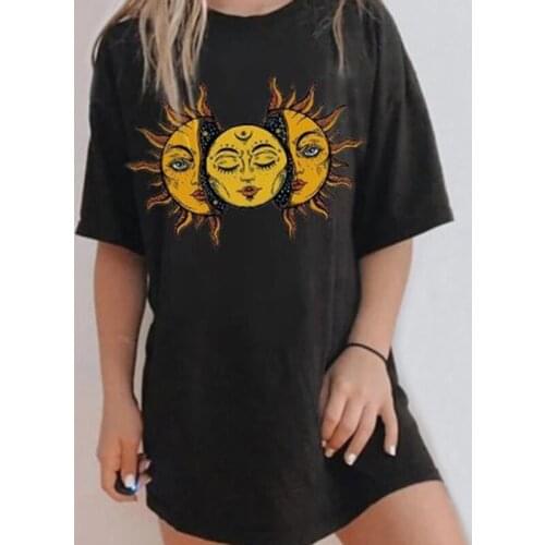 Harajuku Black Sun Moon Women T Shirt Oversize Summer Vintage Casual Loose Short Sleeve Graphic Tee Shirt Femme T-shirts Tops