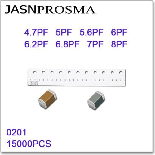 JASNPROSMA 15000PCS 0201 COG/NPO RoHS 50V 0.5% 5% 4.7PF 5PF 5.6PF 6PF 6.2PF 6.8PF 7PF 8PF SMD High quality Capacitor
