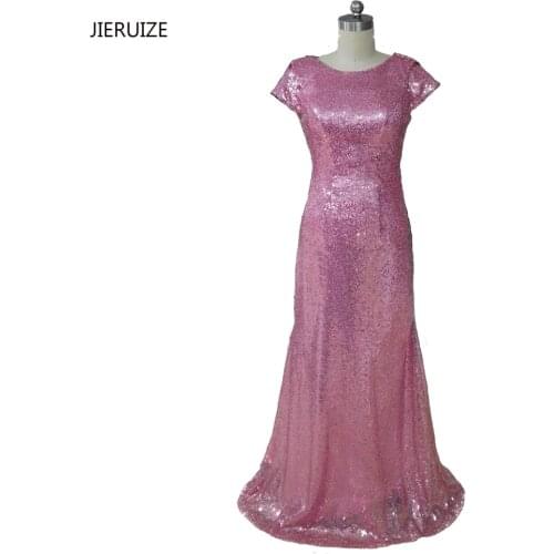 JIERUIZE Pink Sequin Mermaid Bridesmaid Dresses Long 2017 Short Sleeves Backless Wedding Party Dresses Formal Dresses