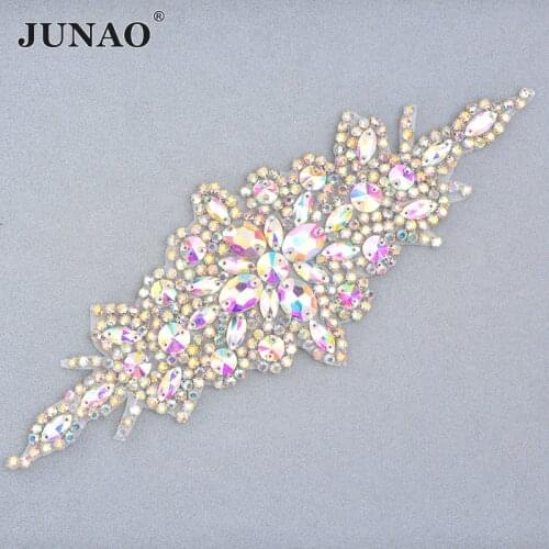 JUNAO 90*240mm Sewing Crystal AB Flower Rhinestone Patches Hotfix Crystal Applique Iron On Patche Strass Motifs Wedding Dress