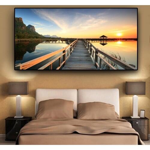 Sunsets Bridge Wooden Lake Landscape Posters and Prints Canvas Painting Cuadros Scandinavian Wall Art Picture for Living Room