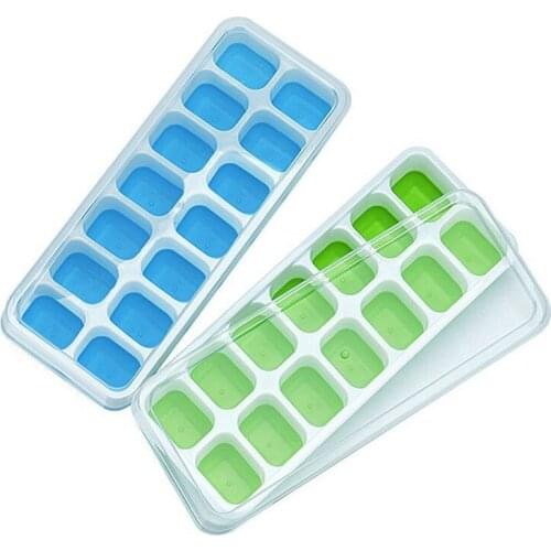 Ice Square Trays 2 Pack, Easy-Release Silicone and Flexible 14-Ice Trays with Spill-Resistant Removable Lid, Stackable Durable a