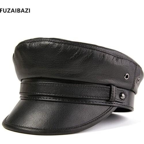FUZAIBAZI Fashion Trend Autumn Mens Genuine Leather Military Cap New Outdoor Sun Protection Keep Warm Womens Winter Flat Caps