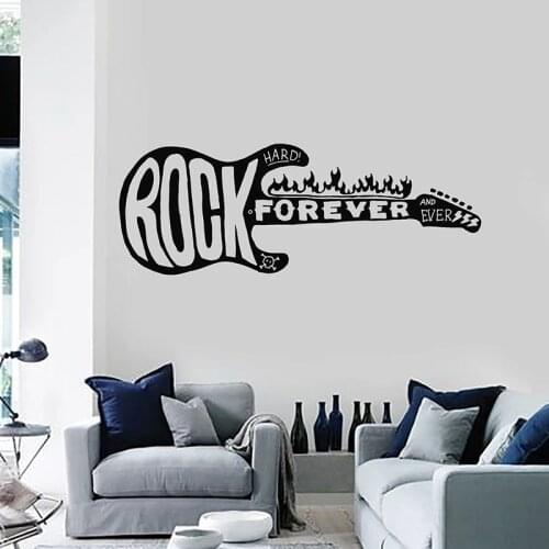Rock Forever Wall Decal Fire Electric Guitar Music Hard Metal Vinyl Window Stickers Teen Room Musical Studio Interior Decor E727