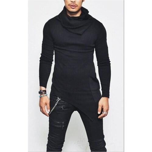 Solid Color mens Hoodie Long Sleeve Irregular Hem Pocket Sports mens Autumn Turtleneck Sweatshirt Top