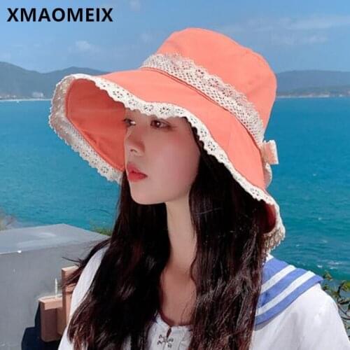 XMAOMEIX Foldable Big Eaves Sunscreen Bucket Hat New Summer Womens Hat Elegant Lace Decoration Female Beach Hats Travel Caps