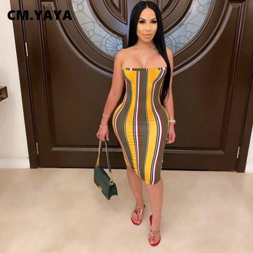 CM.YAYA Women Dress Striped Sleeveless Strapless Bodycon Strechy Mini Midi Dresses Sexy Fashion High Streetwear Summer Outfits