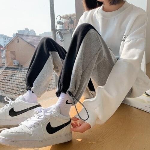 2021 Spring and Autumn Running Sports Pants Womens Korean Style Stitching Large Size Loose and Thin Nine-point Casual Pants