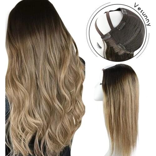 Vesunny Half Wig Straight U Part Remy Human Hair Wigs Balayage Blonde Wig with Clips One Piece Extensions Dark Brown #2/6/18