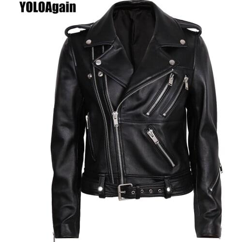 YOLOAgain Women Genuine Leather Jacket Double Zipper Real Sheepskin Leather Biker Jacket