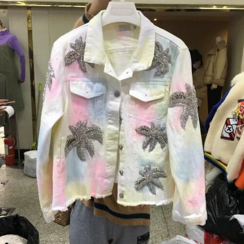 Womens Jacket Short Coats Denim Female Autumn FashioncBeaded Jeans Jackets Coat Single-breasteY673