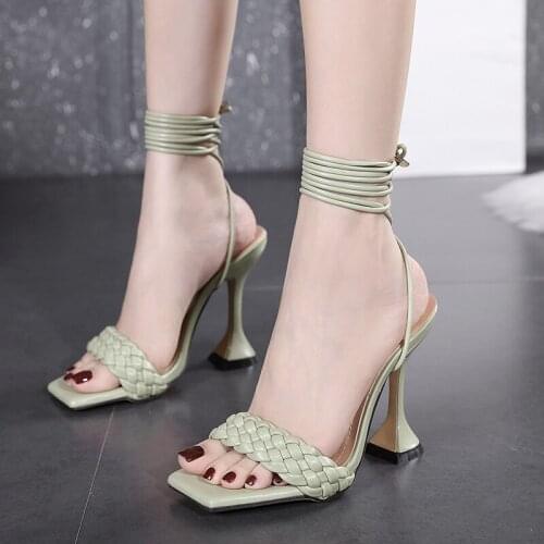 2021 New design weave sandals heels women high heels square open toe ladies shoes cross-strap summer sandals women shoes