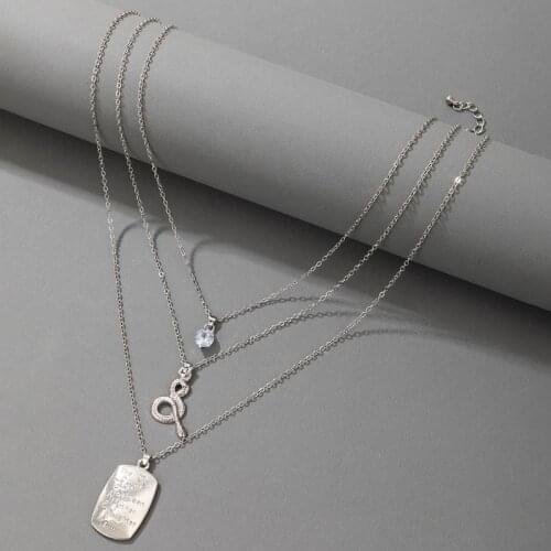 Tocona Bohemian Snake Square Pendant Necklace for Women Shiny Crystal Stone Multi-layer Geometry Silver Color Jewelry Collar