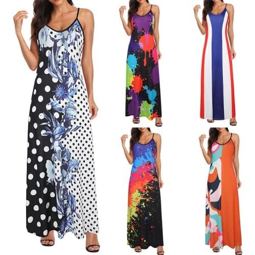 2021 Bohemian Style Summer Women Casual High Waist Sexy Backless Beach Dress Fashion Spaghetti Strap Print A-line Maxi Dress