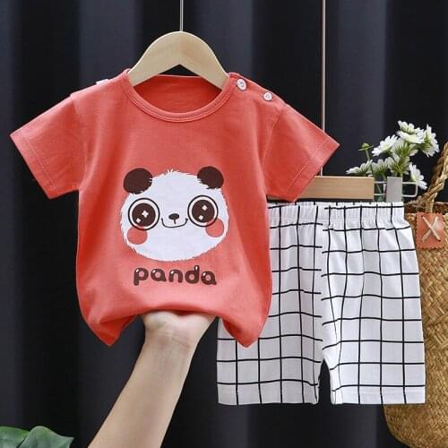 2Pcs/sets Cute Panda Pattern Childrens Clothing Fashion Summer Cartoon Short Sleeve Sweatshirt T-shirt Set For Girls