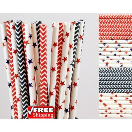200pcs Mixed 4 Designs Navy Blue and Red Themed Paper Straws-Star,Chevron 4th of July Patriotic Independence Day Picnic Party