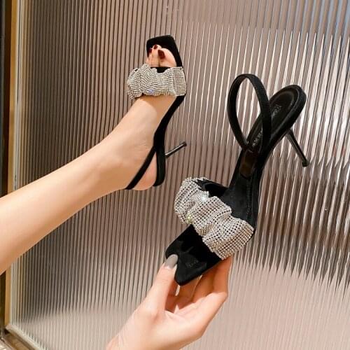 2021 Comfortoble Woman Slip On Sandals with Square Toe Heels and Thin Heels with Rhinestone Straps