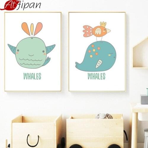 Atfipan Watercolor Whale Bird Nordic Canvas Posters Watercolor Cartoon Animal Pictures For Kids Room Wall Decoration Artworks