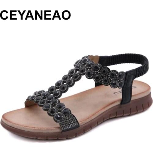 CEYANEAO Bohemian Summer Shoes Sweet Womens Sandals High Quality Rhinestones Casual Plus Size 36-41 Flats Beach Shoes Sandalias