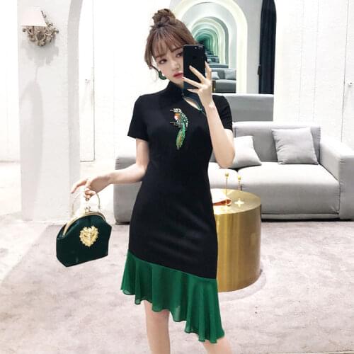 Black Slim Cheongsam Dress Bird Embroidered Casual Fishtail Skirt Elegant Silk Traditional Chinese Clothing Modern Qipao Femme