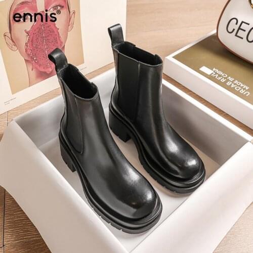 ENNIS Black Chelsea Boots Women Platform Chunky Heel Boots Genuine Leather Female Shoes Autumn Ankle Boots Winter Beige Brand