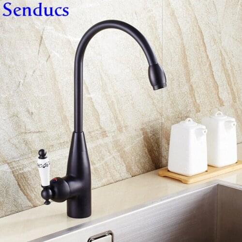 Senducs Black Kitchen Faucet Deck Mounted Black Bathroom Mixer Tap Single Lever Hot Cold Bathroom Basin Sink Faucet