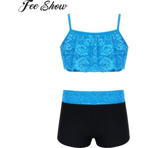 FEESHOW ChildrenTankini Contemporary Ballet Dance Costumes Lace Crop Top with Bottoms Sport Gymnastic Short Pant for Girls