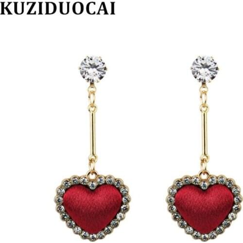 Kuziduocai New Fashion Jewelry Zircon Satin Dangle Heart Of The Sea Love Statement Drop Earrings For Women Aretes Brincos E-1599