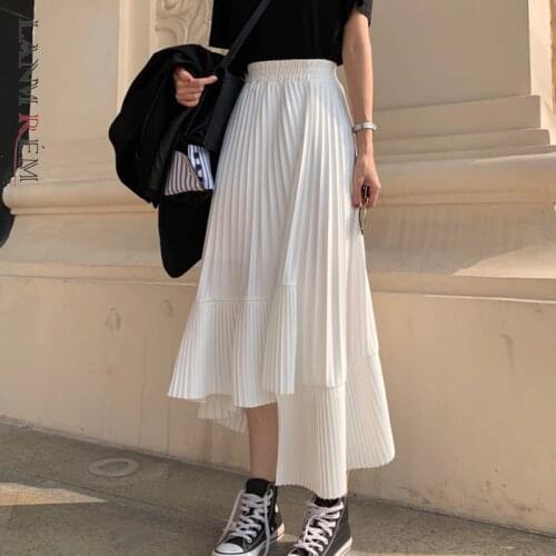 LANMREM Solid Color Elastic High Waist Stitching Ruffled Irregular Pleats Woman Skirt Simple Fashion 2021 Autumn New TV518