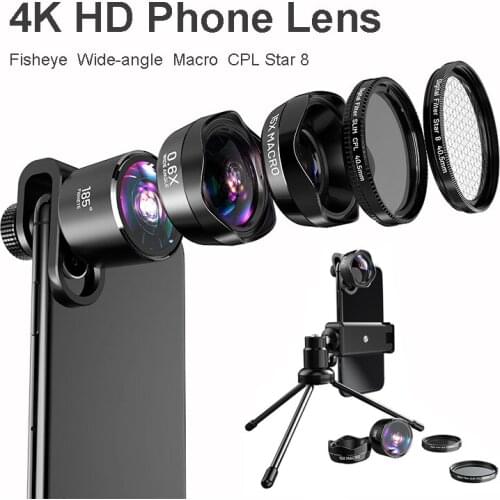 4K HD DSLR Mobile Phone Camera Lens Lits:Photo Tripod CPL Starlight Phone Filter+Awesome Fisheye&Wide-Agnel & 15X Macro & Lens