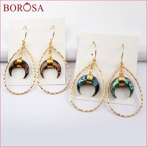 BOROSA Fashion Druzy Jewelry Gold Color Water Drop Hook With Abalone & Brown Shell Horn Teardrop Earring For Women G1585