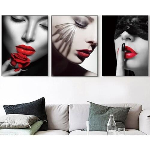 Fashion Sexy Girl Red Lips Feather Wall Art Canvas Painting Nordic Posters And Prints Wall Pictures For Living Room Salon Decor