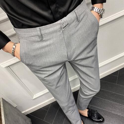 Embroidered Suit Pant Light Gray British Pant Men Trouser Formal Dress Slim Pant Men 2021 Spring Black Men Dress Suit 40 42 Size