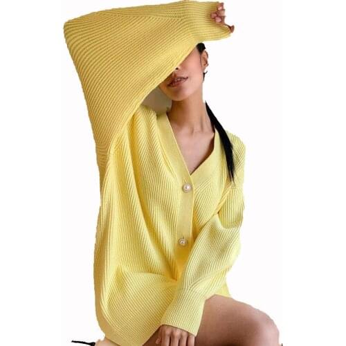 2021 Autumn And Winter New Loose Lantern Sleeve Sweater Cardigan Basic White Button Blouse Casual Long Knit Women