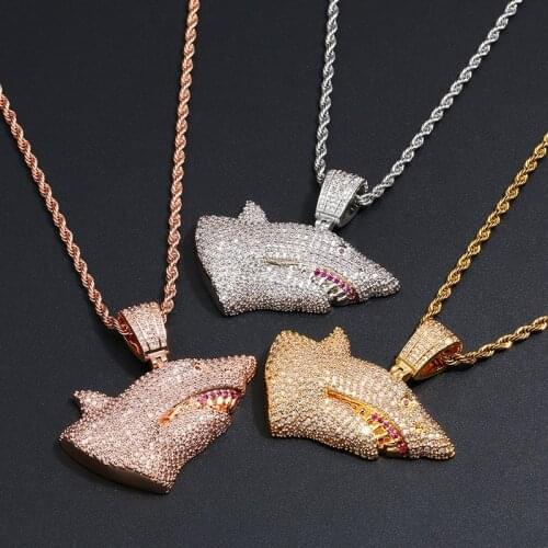 New Ice Out Cubic AAA+ Zircon Domineering Shark Pendant Necklace Hip Hop Rose Gold Color Charm Jewelry for Men Women
