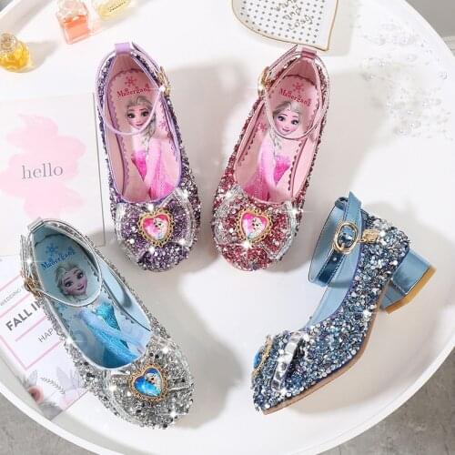 Disney girls high heels autumn new childrens princess casual shoes soft bottom anti-skid frozen crystal leather shoes