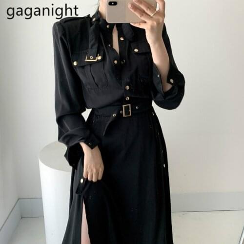 Gaganight Elegant Women Cargo Maxi Dress Sexy High Split Long Sleeve Solid Dresses Female Chic Korean Belt Vestidos Dropshipping