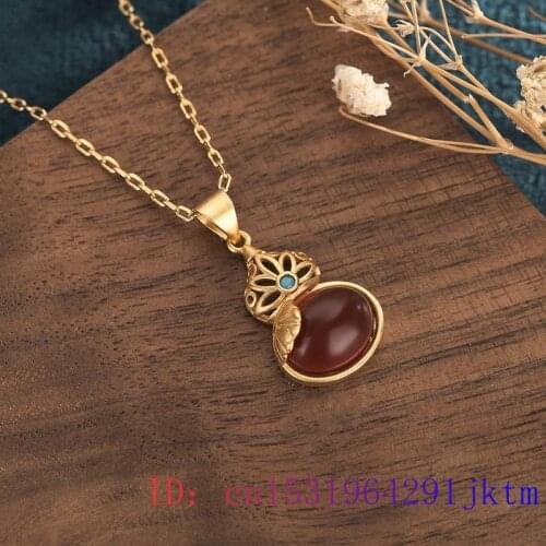 Red Jade Gourd Pendant Natural 925 Silver Jewelry Zircon Amulet Chinese Chalcedony Gemstone Gifts Charm Necklace Women Fashion